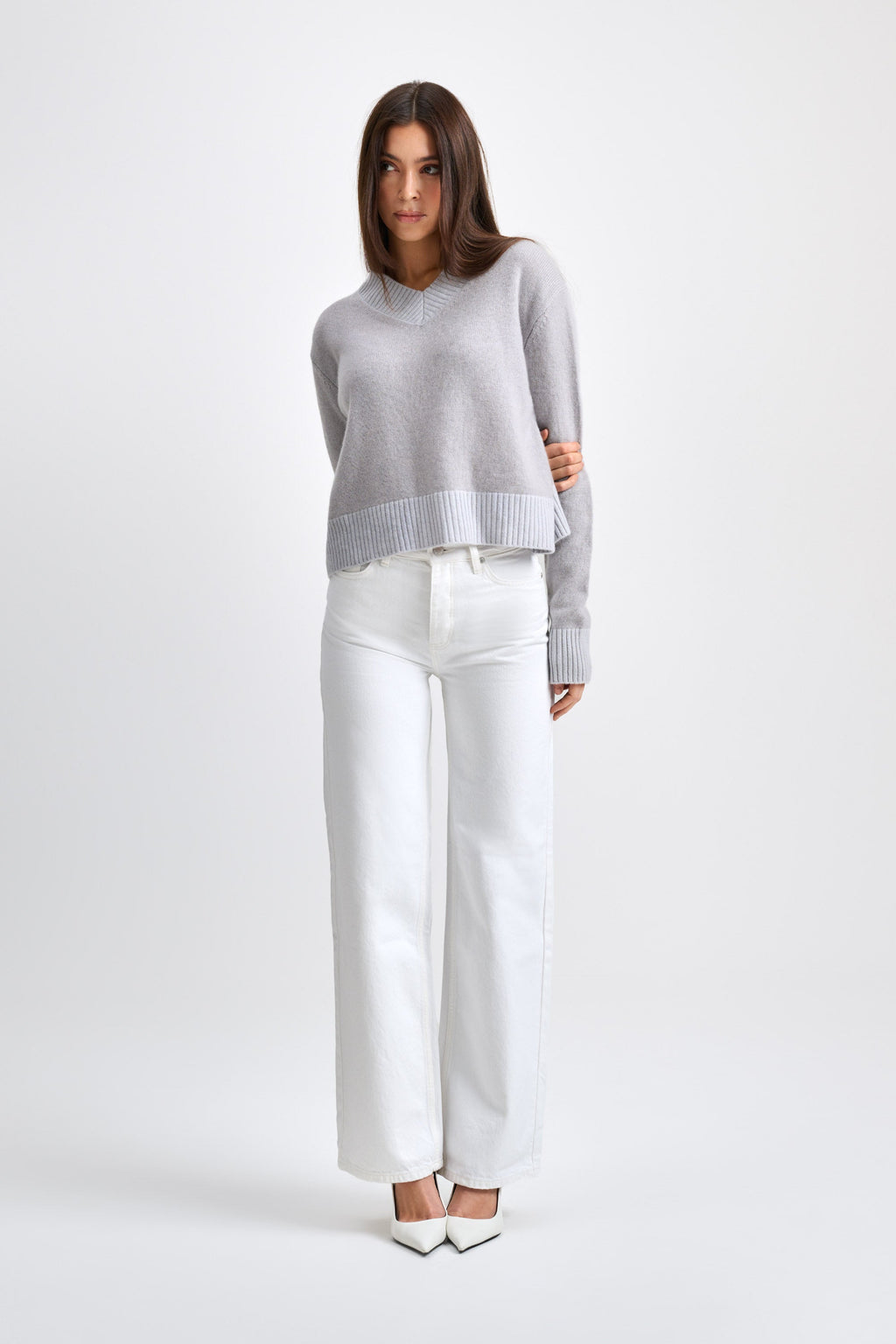 V-Ausschnitt-Pullover Kaschmir Beige/Grau