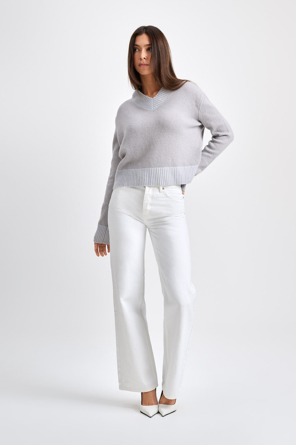 V-Ausschnitt-Pullover Kaschmir Beige/Grau