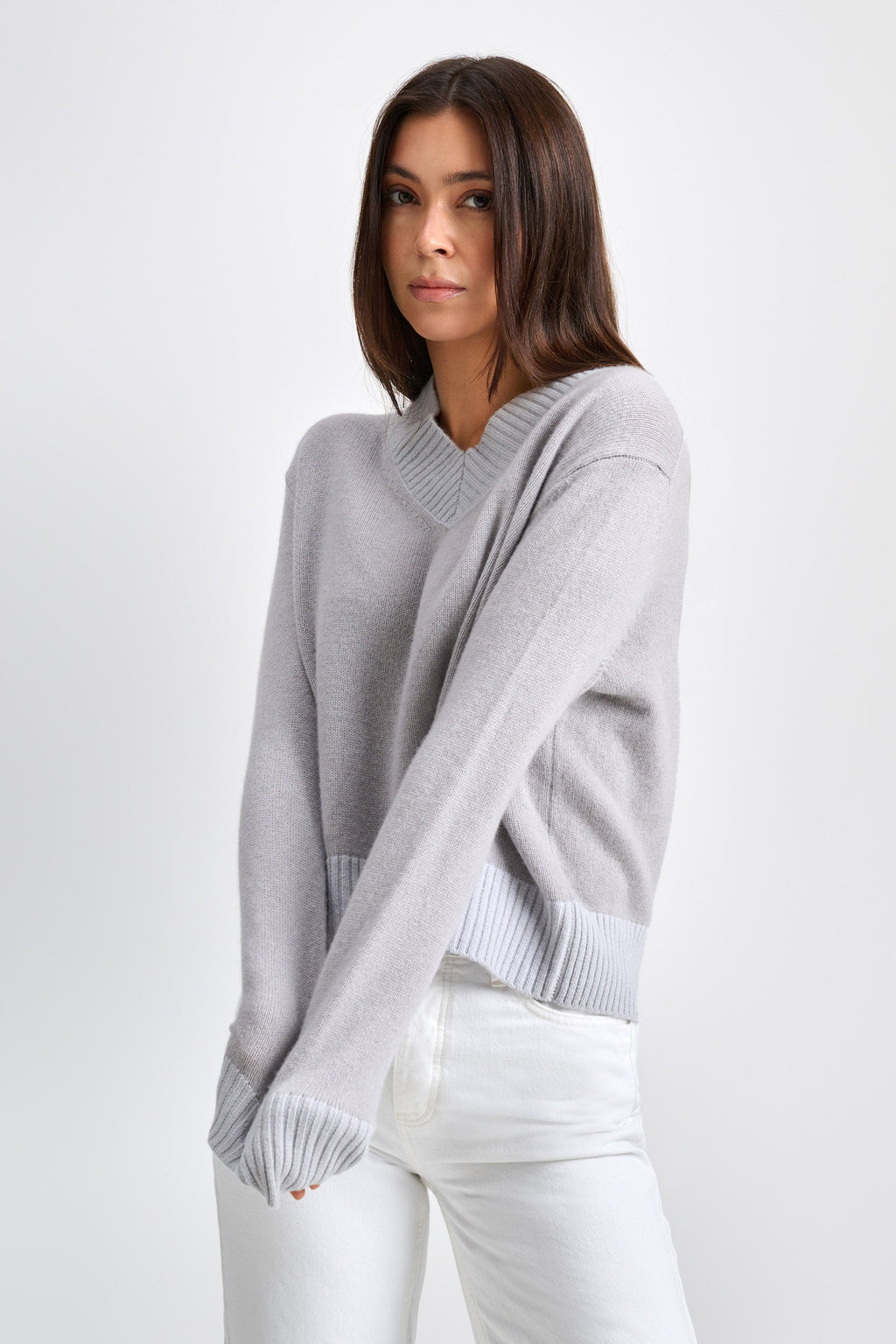 V-Ausschnitt-Pullover Kaschmir Beige/Grau
