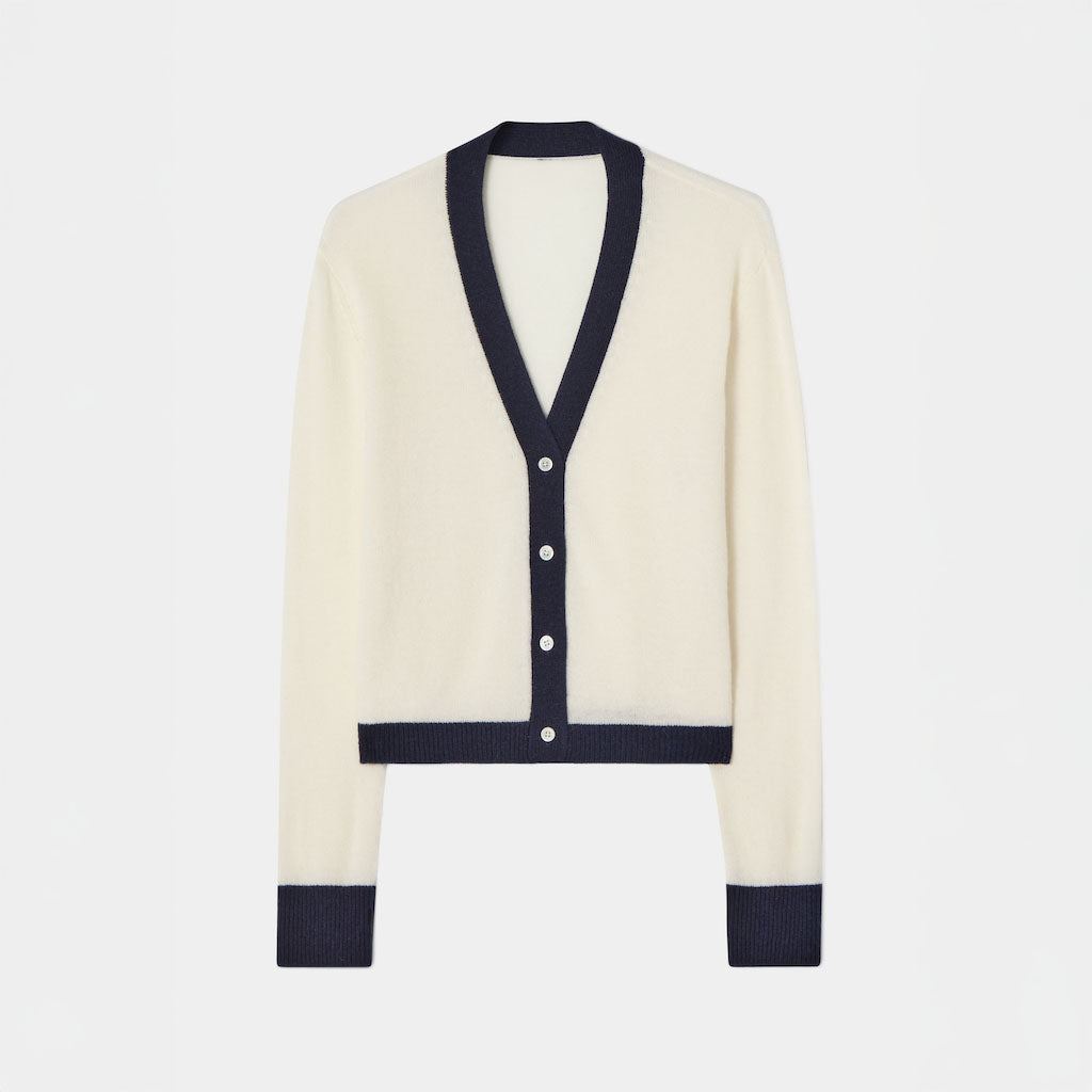 Farbblock-Strickjacke Weiß & Blau